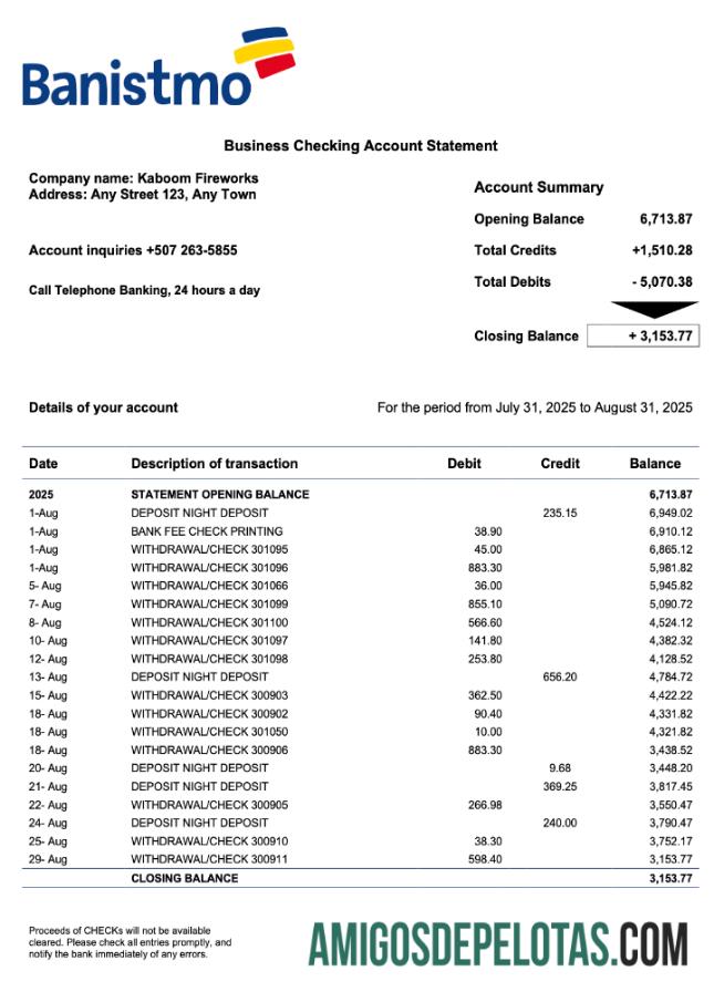 Realista Panamá Banistmo empresa bancária extrato de conta corrente modelo Word e PDF